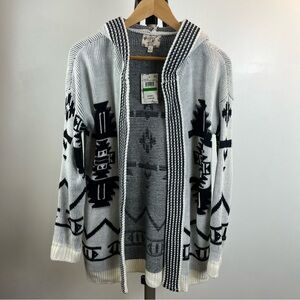 NWT Hippie Rose Women's Open Cardigan Size Large Black and White Tribal Design